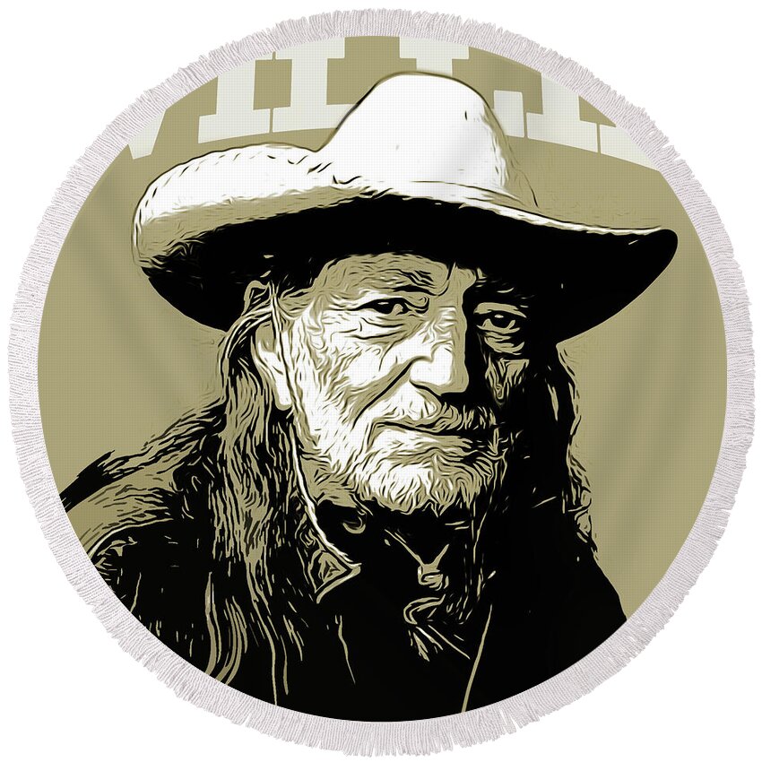 Willie Nelson Round Beach Towel featuring the mixed media Willie by Greg Joens