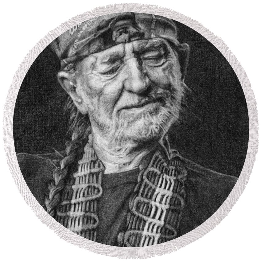 Willie Nelson Round Beach Towel featuring the drawing Willie Nelson by Michelle Flanagan