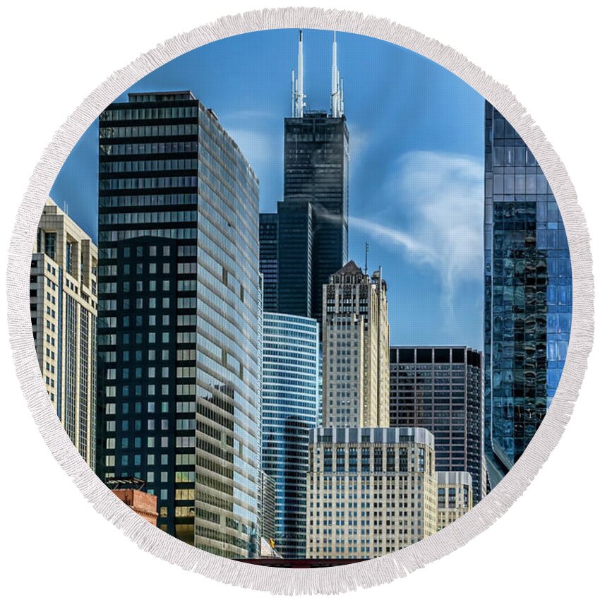Willis Tower Round Beach Towel featuring the photograph Willis tower, skyline and Chicago River on a sunny day by Sven Brogren