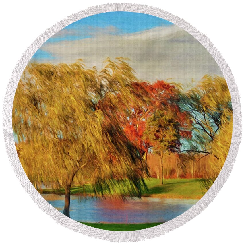 Willows Round Beach Towel featuring the photograph Willows In Autumn by Cathy Kovarik