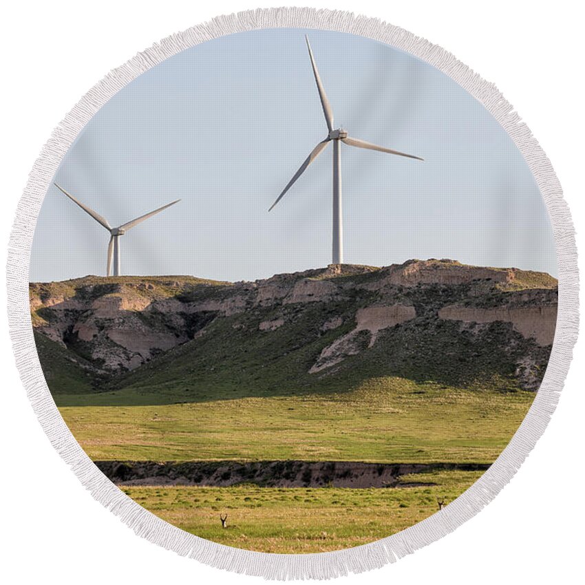 Energy Round Beach Towel featuring the photograph Wind Power and Wildlife by Tony Hake