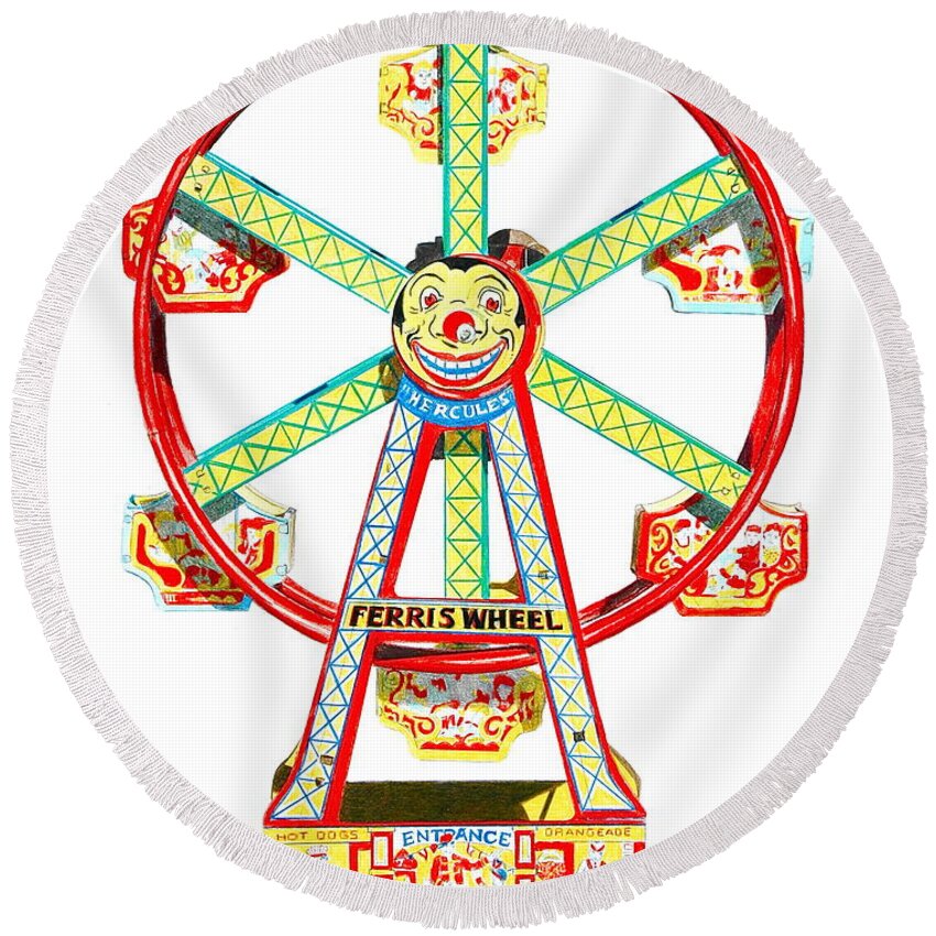 Ferris Wheel Round Beach Towel featuring the drawing Wind-up Ferris Wheel by Glenda Zuckerman