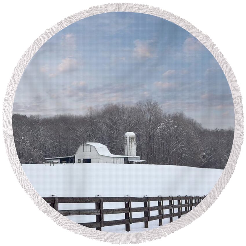 Farm Round Beach Towel featuring the photograph Winding Fence Farm by Benanne Stiens