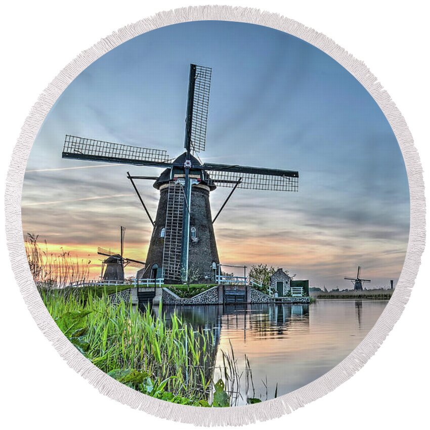 Kinderdijk Round Beach Towel featuring the photograph Windmill at Kinderdijk by Frans Blok