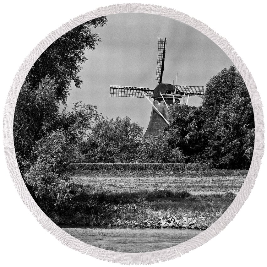 Windmill Round Beach Towel featuring the photograph Windmill from the Meuse by Eric Tressler