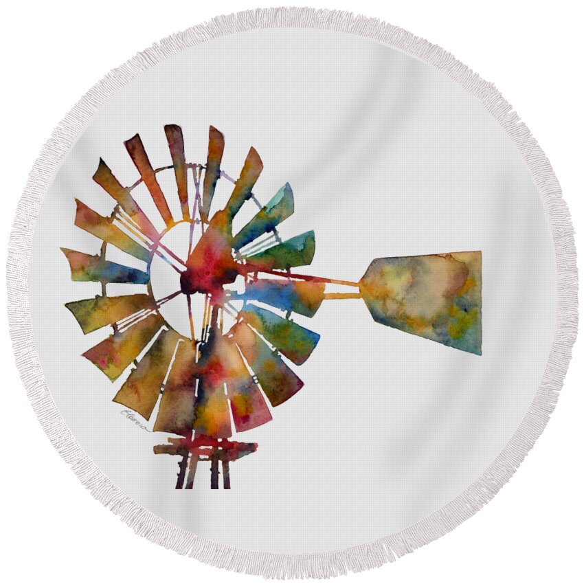 Windmill Round Beach Towel featuring the painting Windmill by Hailey E Herrera