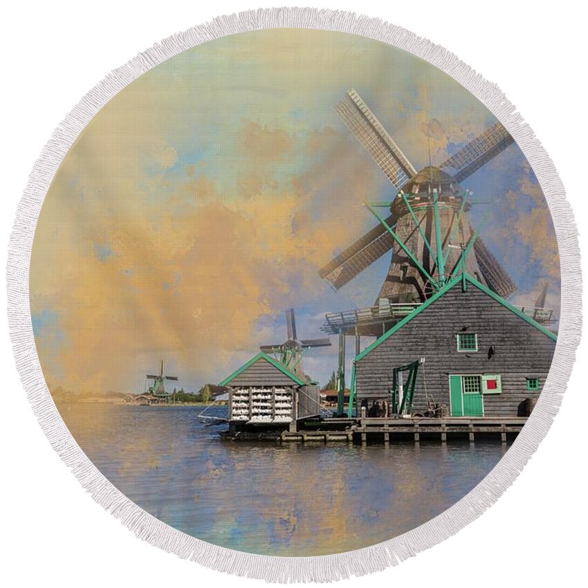 Windmills Round Beach Towel featuring the photograph Windmills of Zaanse Schans by Eva Lechner