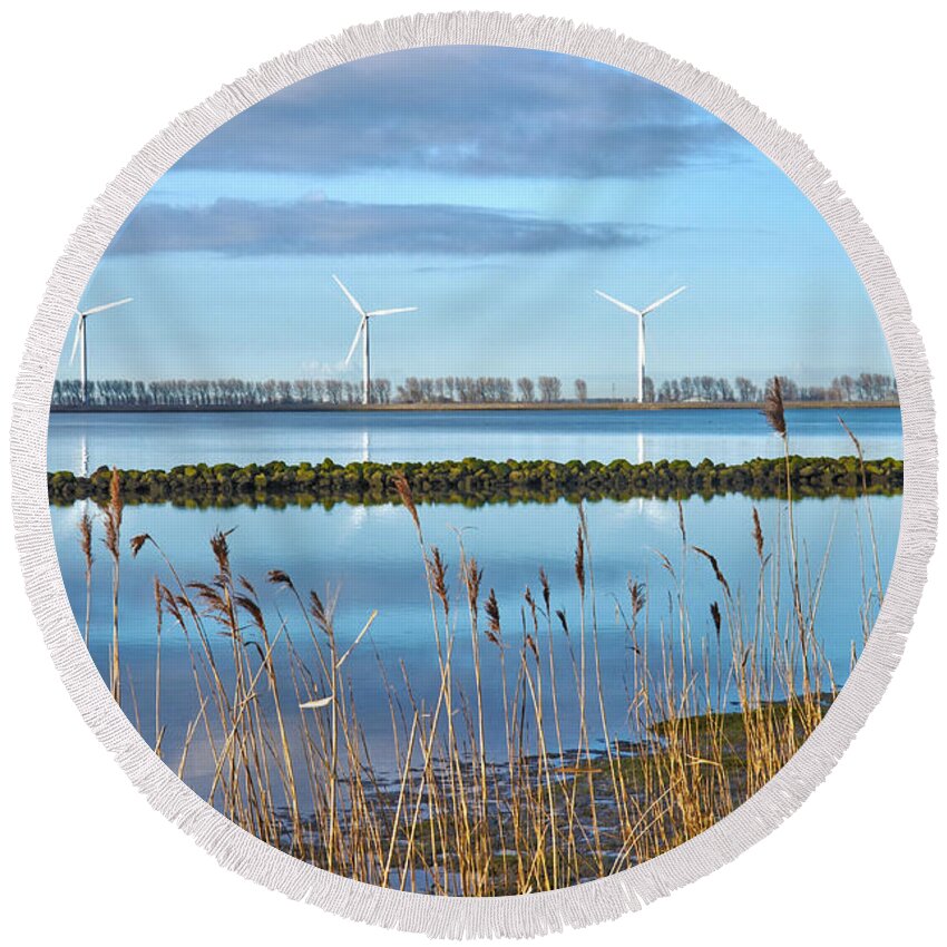 Wind Round Beach Towel featuring the photograph Windmills on a Windless Morning by Frans Blok