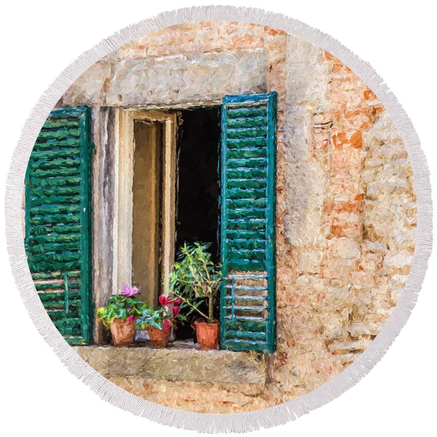 Cortona Round Beach Towel featuring the painting Window Flowers of Tuscany by David Letts
