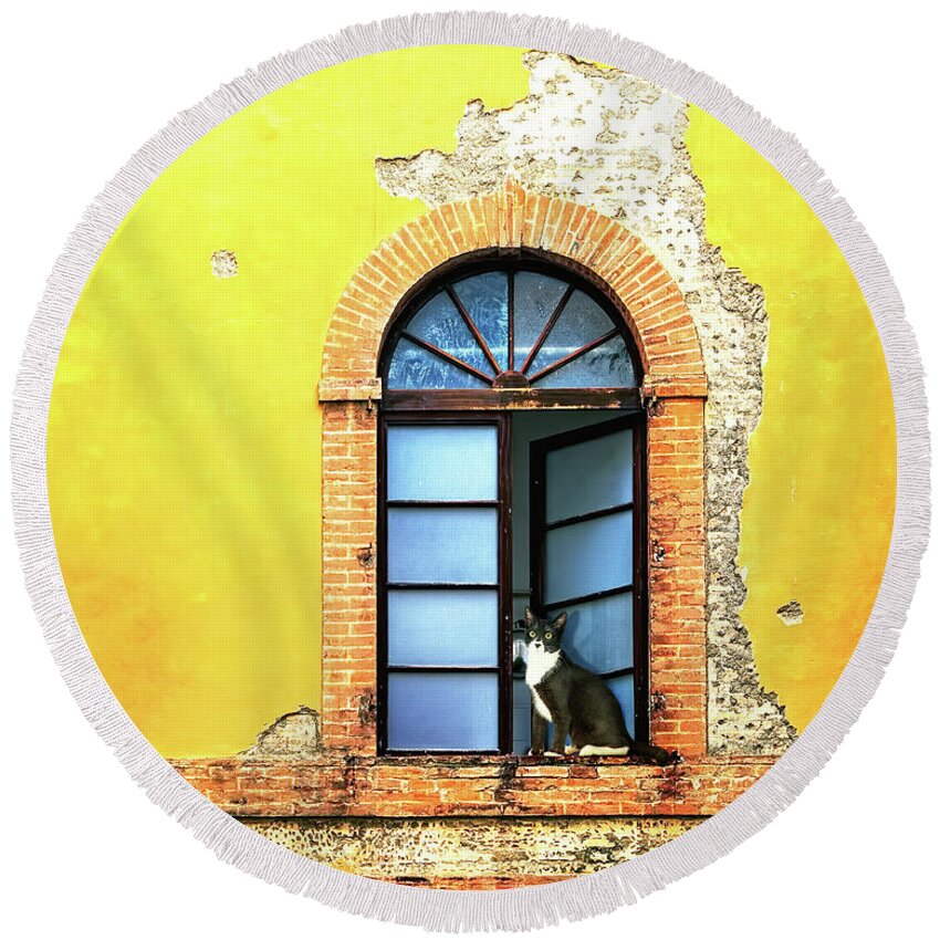 Window Round Beach Towel featuring the photograph Window on Colorful Wall in Siena Italy by Good Focused