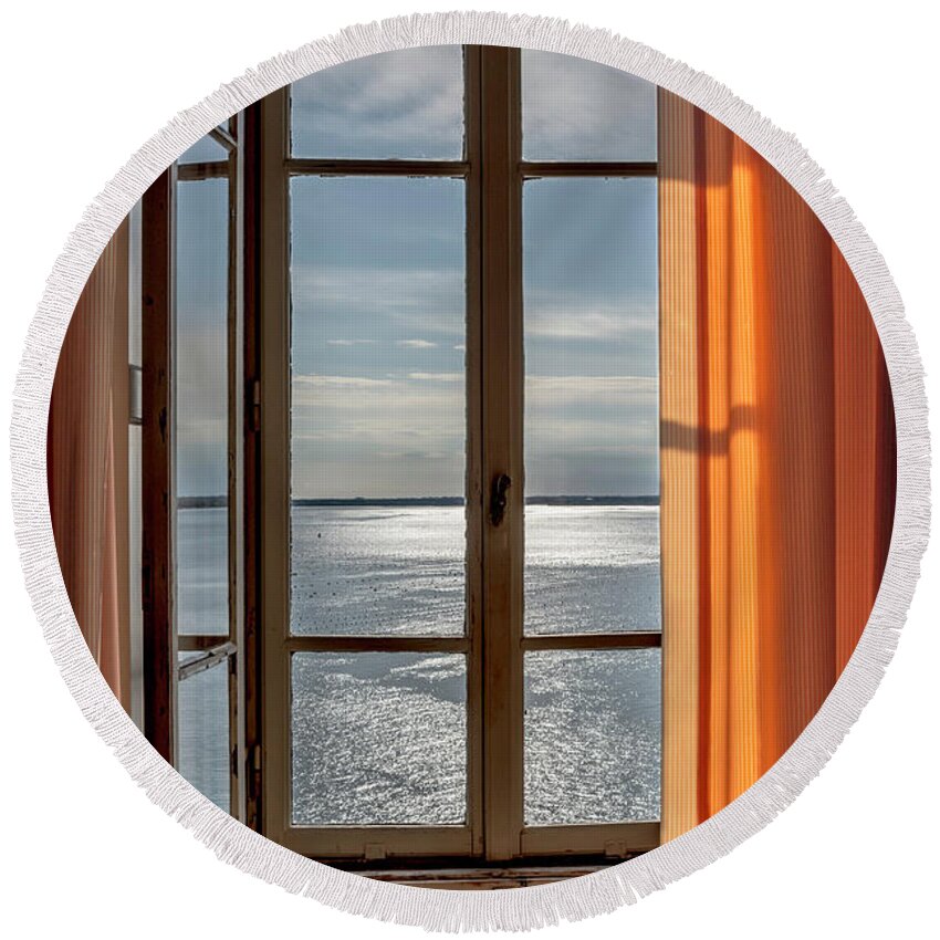 Window Round Beach Towel featuring the photograph Window with a view by Wolfgang Stocker