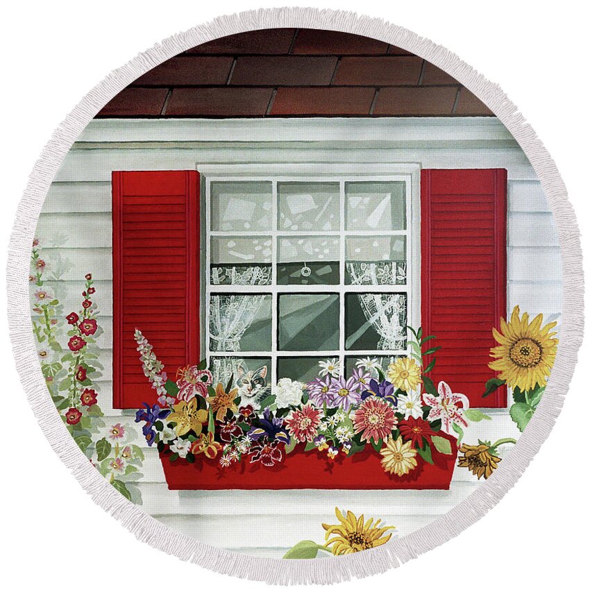 Window Round Beach Towel featuring the painting Windowbox with Cat by Bonnie Siracusa