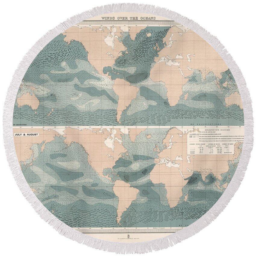 Geological Map Round Beach Towel featuring the drawing Winds over the Oceans - Meteorological Map - Geological Map - Wind Direction and Speed Chart by Studio Grafiikka