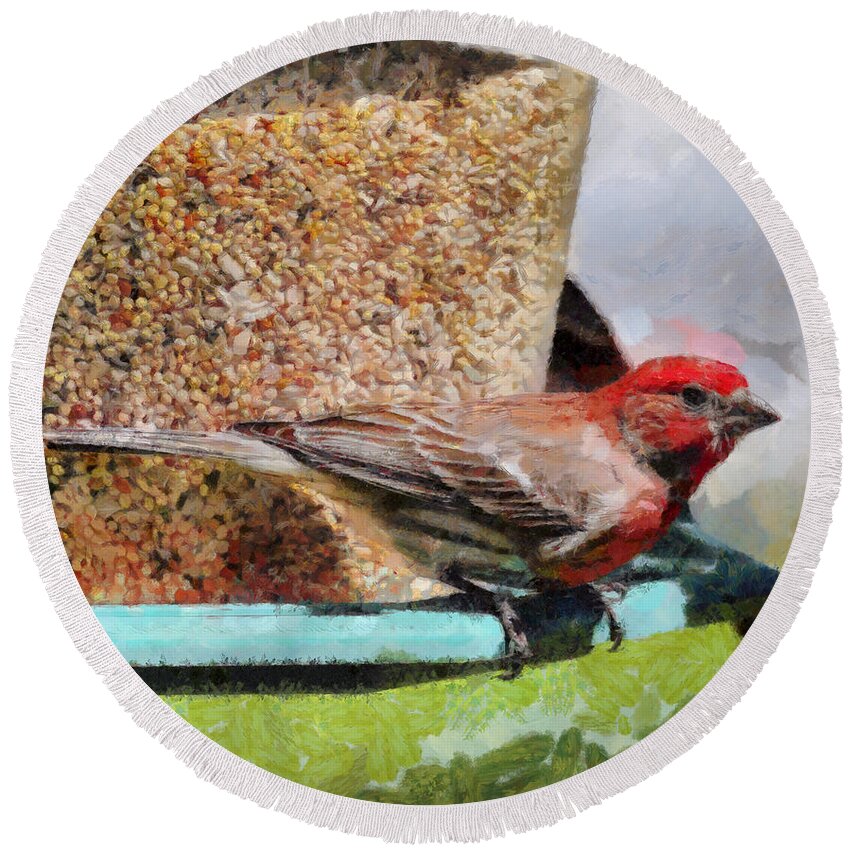 Finch Round Beach Towel featuring the painting Windsor House Finch by Theresa Campbell