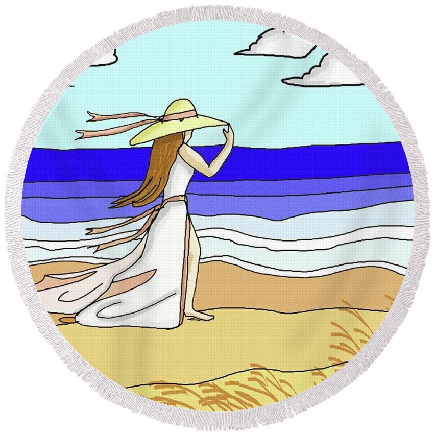 Beach House Round Beach Towel featuring the digital art Windy Day At The Beach by Pat Davidson