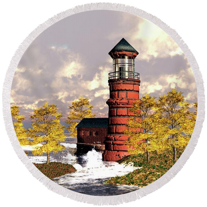 Lighthouse Round Beach Towel featuring the digital art Windy Hill Ligthouse by John Junek