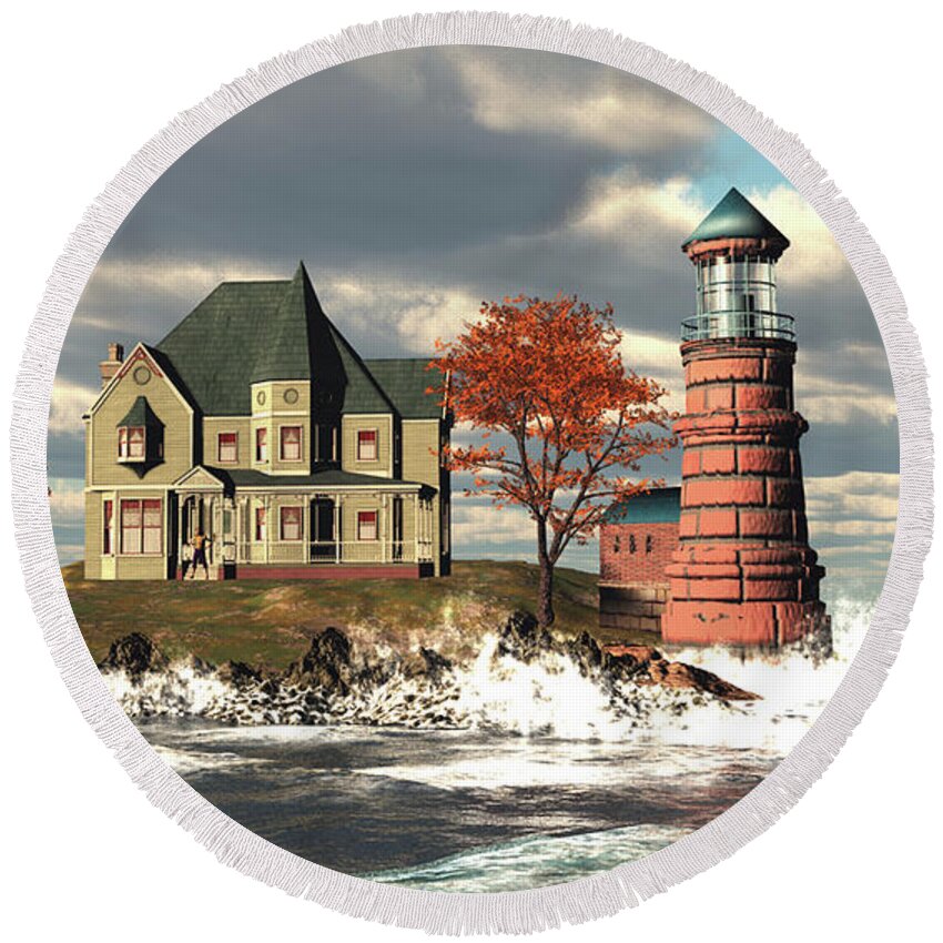 Windy Point Lighthouse.charming Seascape Scene Round Beach Towel featuring the digital art Windy Point Lighthouse by John Junek