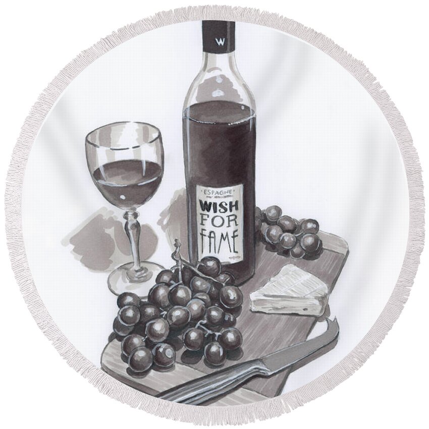 Kitchen Round Beach Towel featuring the drawing Wine and Cheese by Brandy Woods
