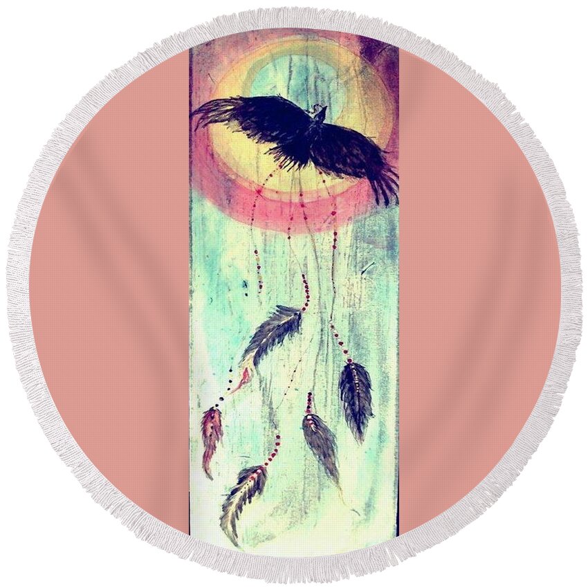 Raven Round Beach Towel featuring the painting Wings by 'REA' Gallery