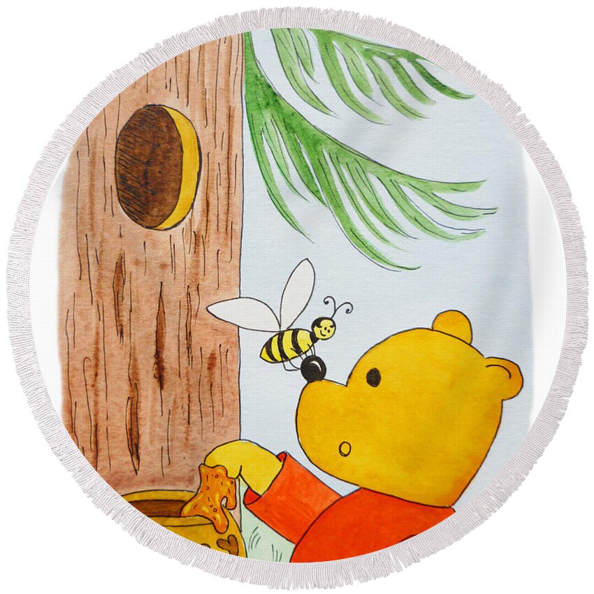 Winnie-the-pooh Round Beach Towel featuring the painting Winnie The Pooh and His Lunch by Irina Sztukowski