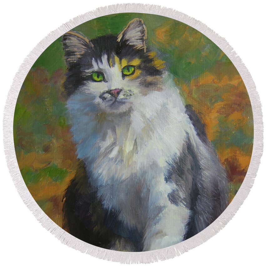Cat Round Beach Towel featuring the painting Calico Cat by Alice Leggett