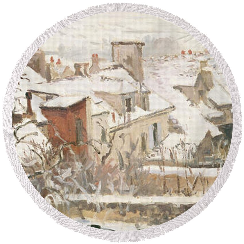 Rooftops Round Beach Towel featuring the painting Winter, 1872 by Camille Pissarro