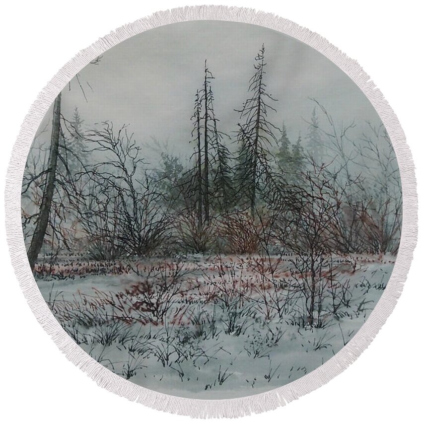 Pen And Wash Round Beach Towel featuring the painting Winter, Alberta by E Colin Williams ARCA