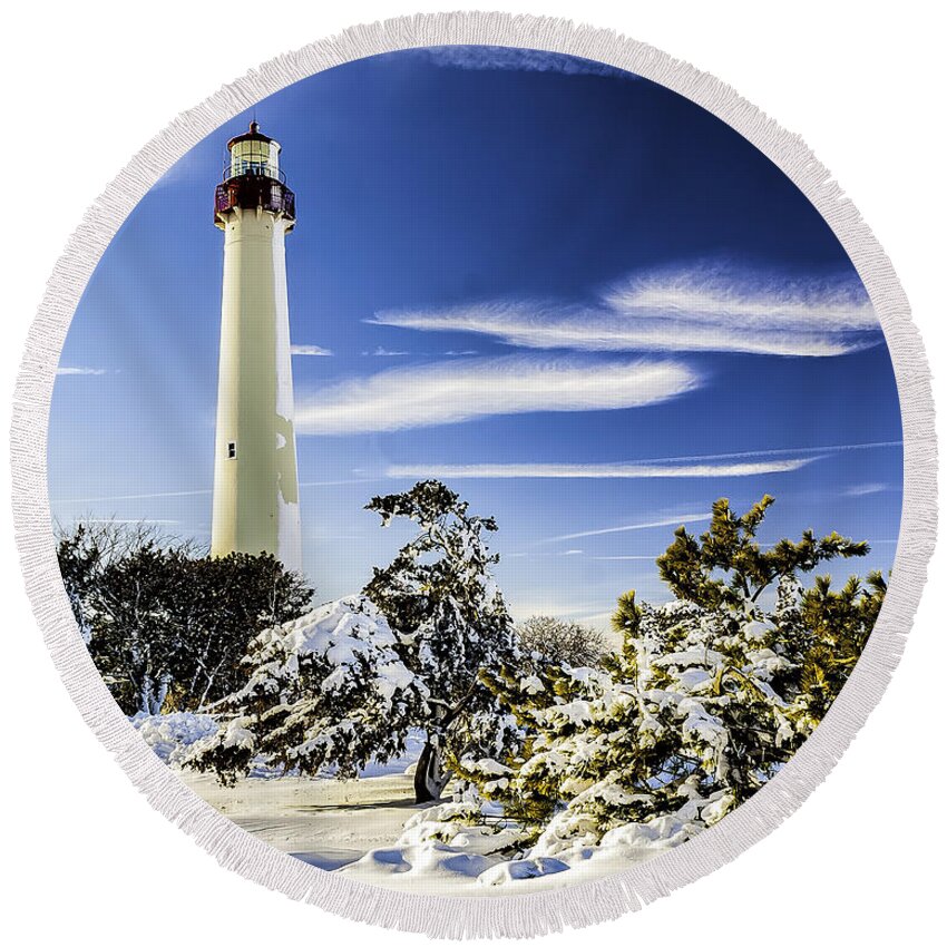 Beacon Round Beach Towel featuring the photograph Winter at Cape May Light by Nick Zelinsky Jr