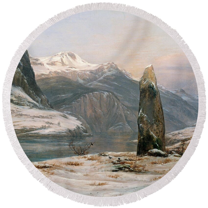 Johan Christian Dahl Round Beach Towel featuring the painting Winter at the Sognefjord by Johan Christian Dahl