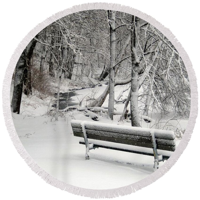 Winter Bench Round Beach Towel featuring the photograph Winter Bench by Suzanne DeGeorge