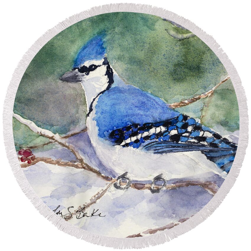 Blue Jay Round Beach Towel featuring the painting Winter Blues by Mary Benke
