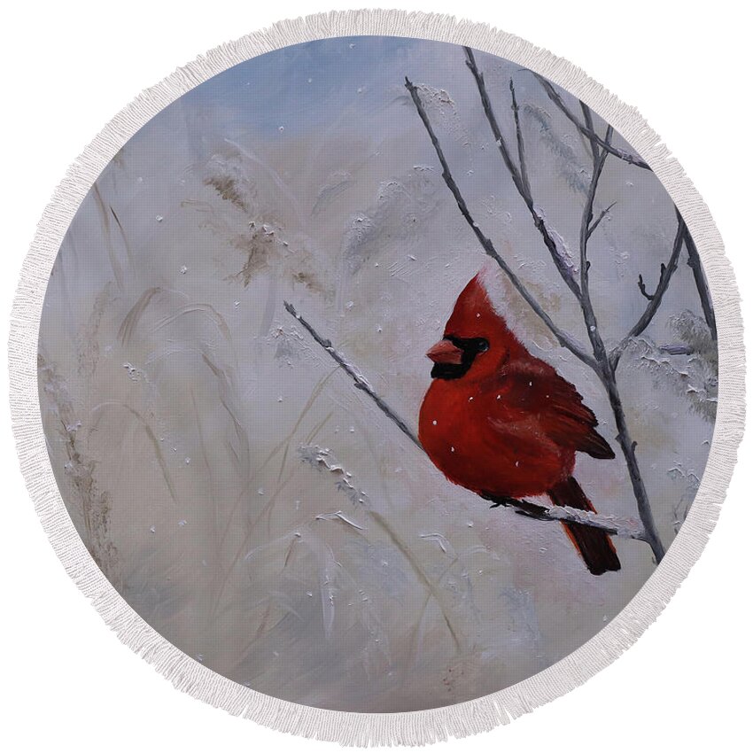Cardinal Round Beach Towel featuring the painting Winter Cardinal by Stephen Krieger
