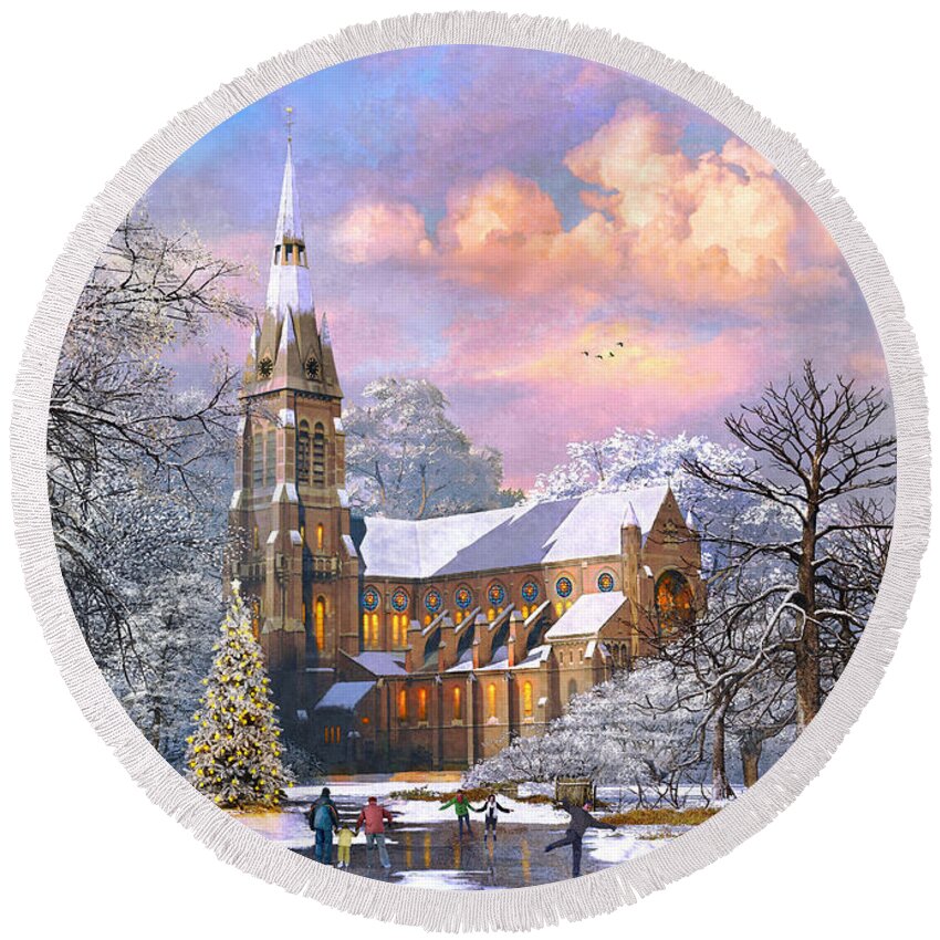 Skaters Round Beach Towel featuring the digital art Winter Cathedral by MGL Meiklejohn Graphics Licensing