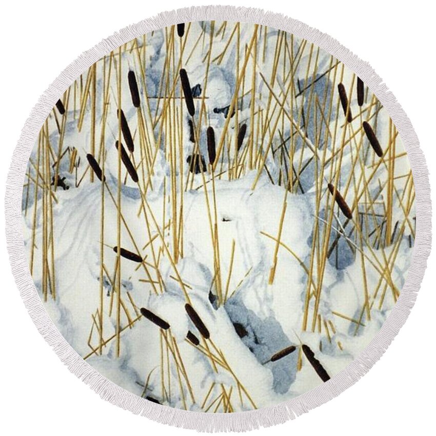 Cattails Round Beach Towel featuring the painting Winter Cattails by Conrad Mieschke
