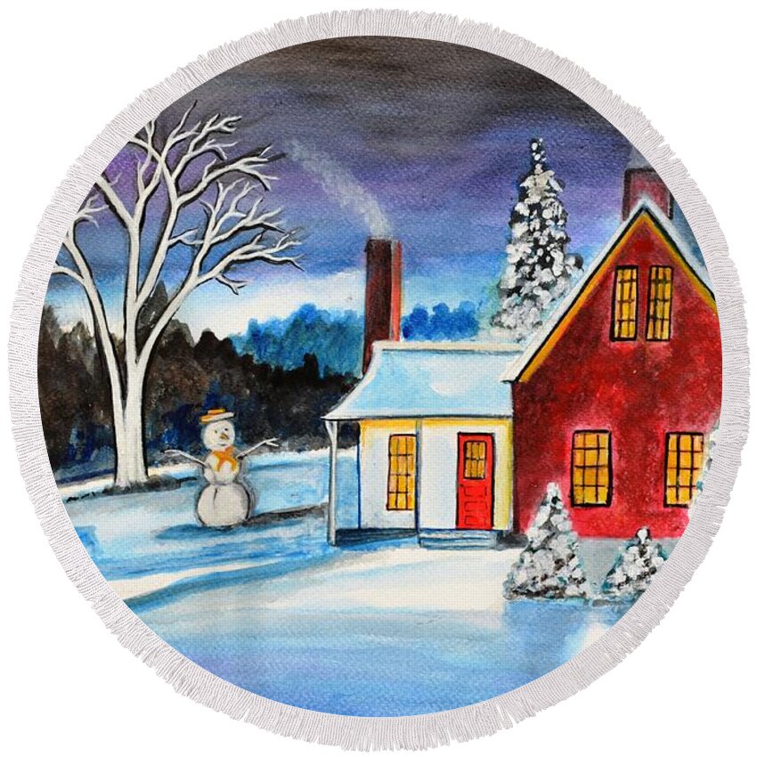 Snowman Round Beach Towel featuring the painting Winter Cottage by Manjiri Kanvinde