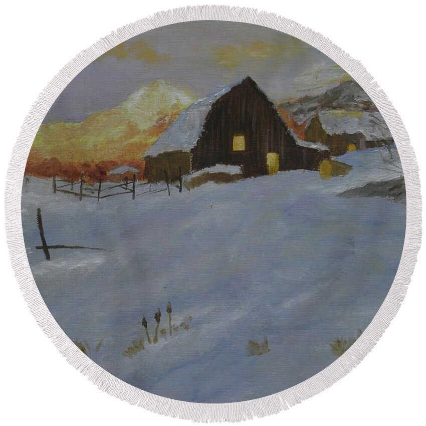 Landscape Snow Farm Mountain Sunset Dusk Round Beach Towel featuring the painting Winter Dusk on the Farm by Scott W White