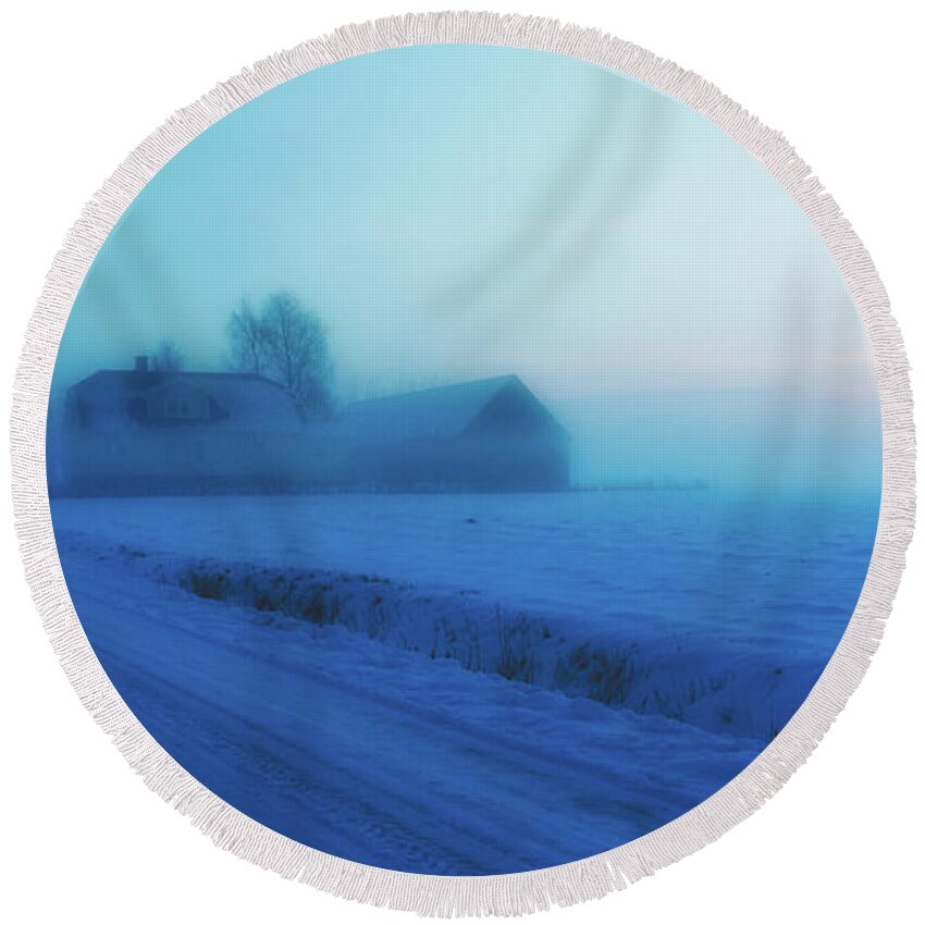 Sweden Round Beach Towel featuring the photograph Winter Evening Begins In Sweden by Mountain Dreams