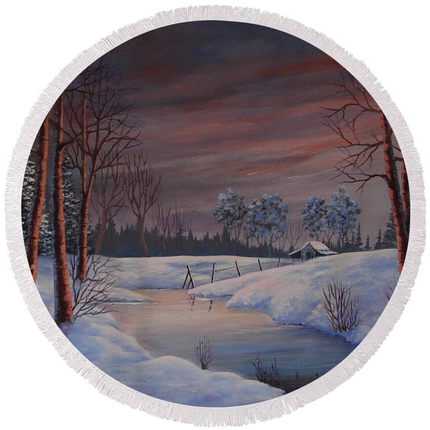 Landscape Round Beach Towel featuring the painting Winter Evening by Jerry Walker