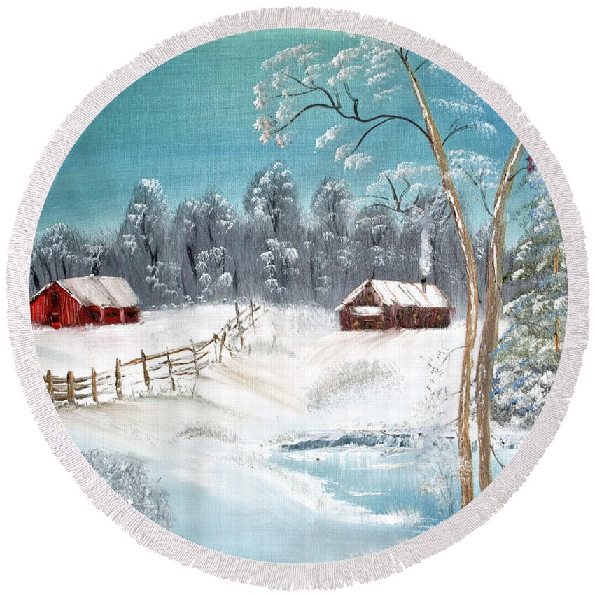 Oil On Canvas Round Beach Towel featuring the painting Winter Farm by Joseph Summa