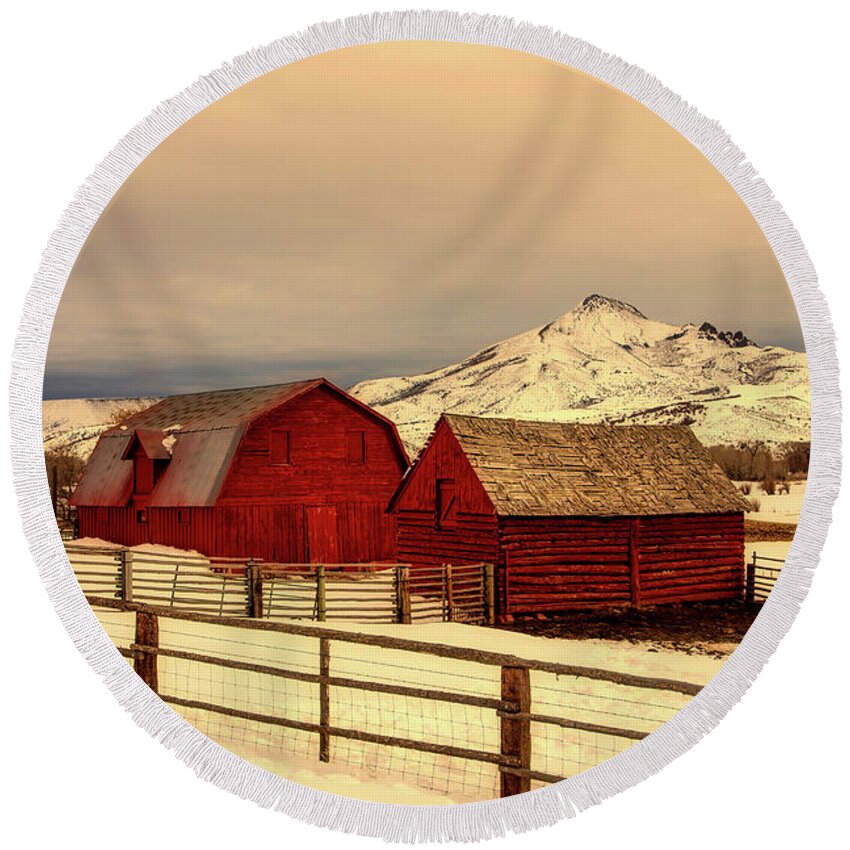 Farm Round Beach Towel featuring the photograph Winter Farm Scene In Colorado by Mountain Dreams
