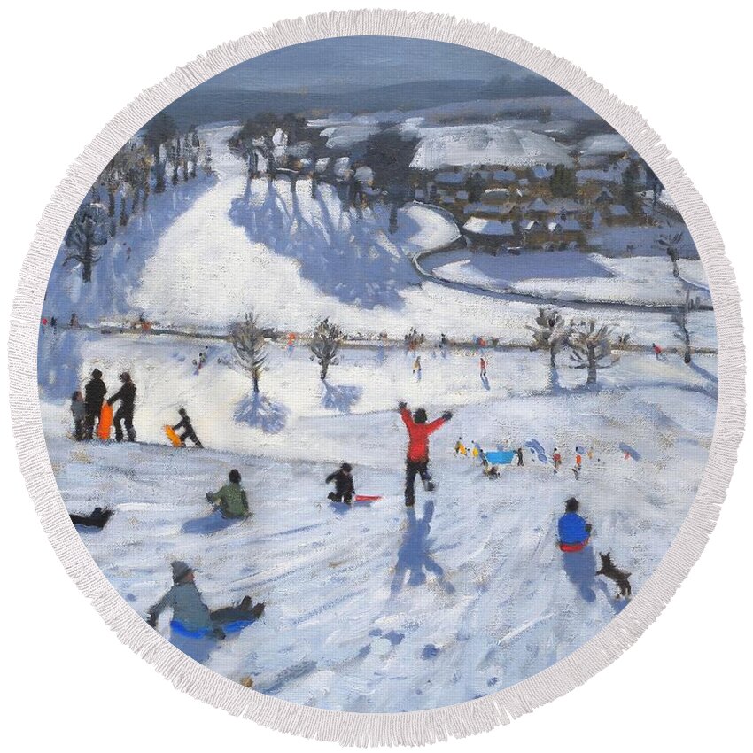 Winter Fun Round Beach Towel featuring the painting Winter Fun by Andrew Macara