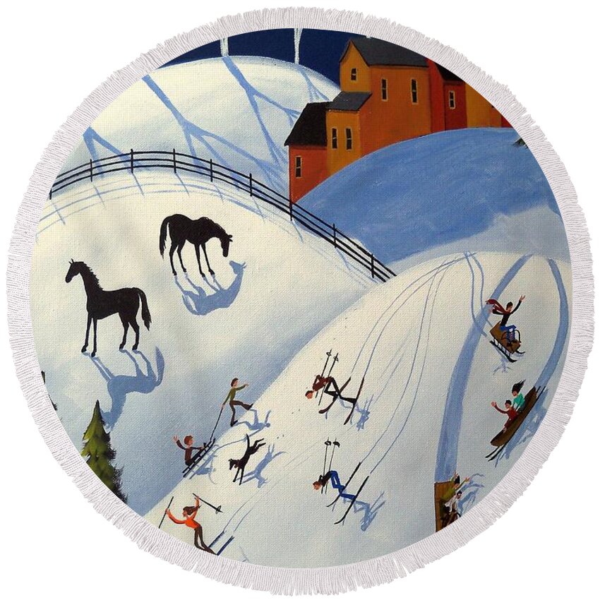 Folk Art Round Beach Towel featuring the painting Winter Fun Day - folk art landscape by Debbie Criswell