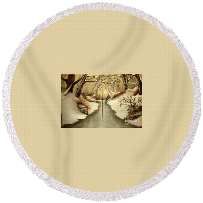 Landscape Round Beach Towel featuring the painting Winter Glow by Peggy Miller
