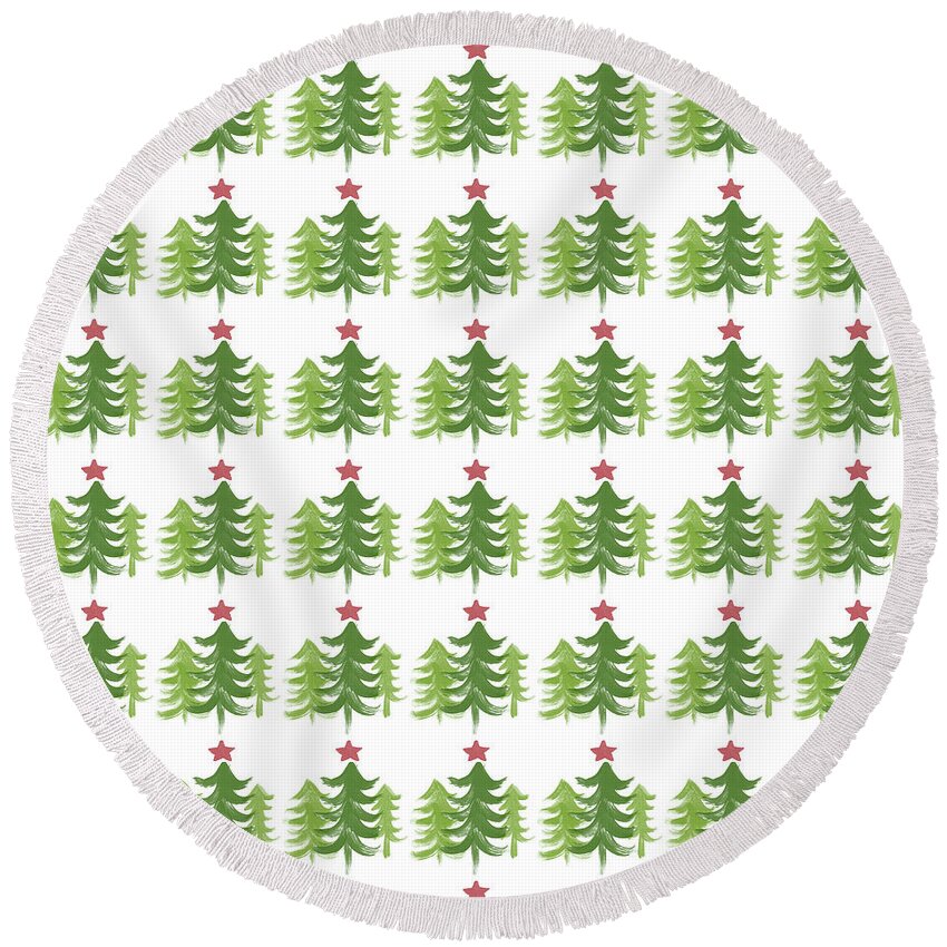 Winter Round Beach Towel featuring the painting Winter Holiday Trees 1- Art by Linda Woods by Linda Woods
