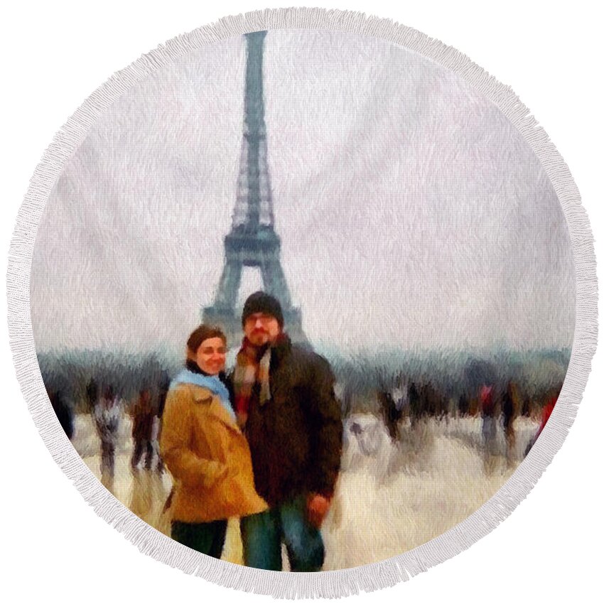 Europe Round Beach Towel featuring the painting Winter Honeymoon in Paris by Jeffrey Kolker