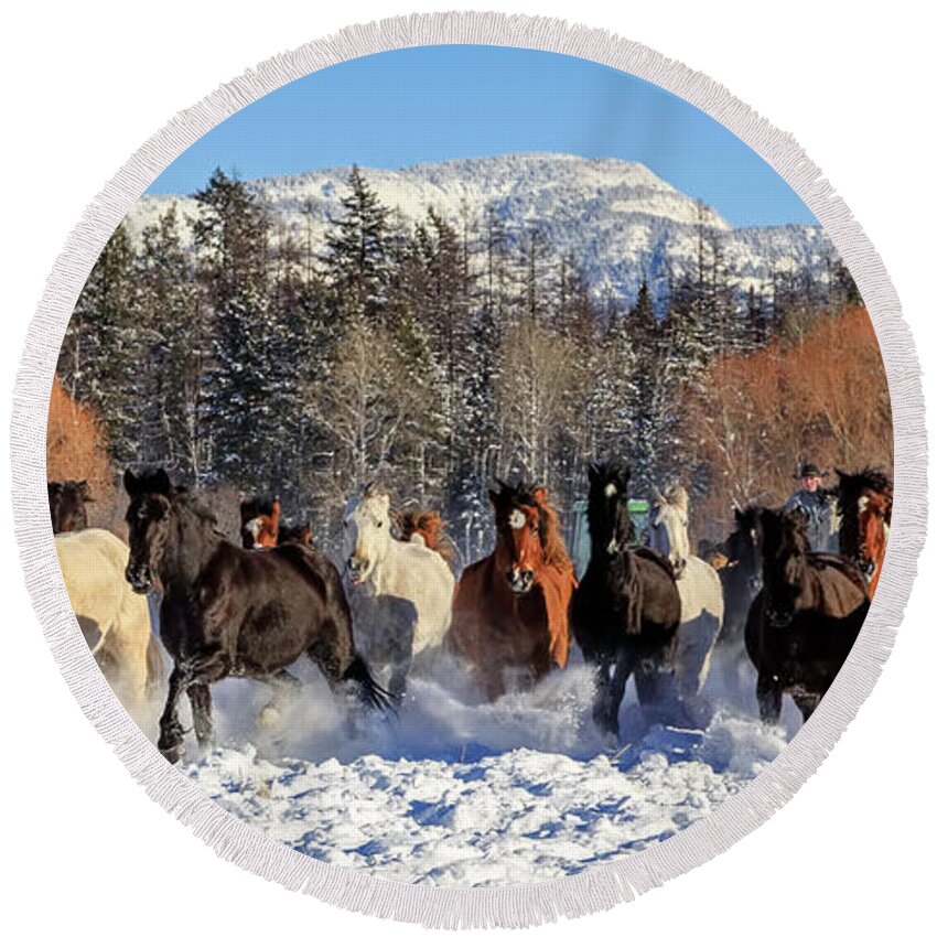Bar W Round Beach Towel featuring the photograph Winter Horse Roundup by Jack Bell