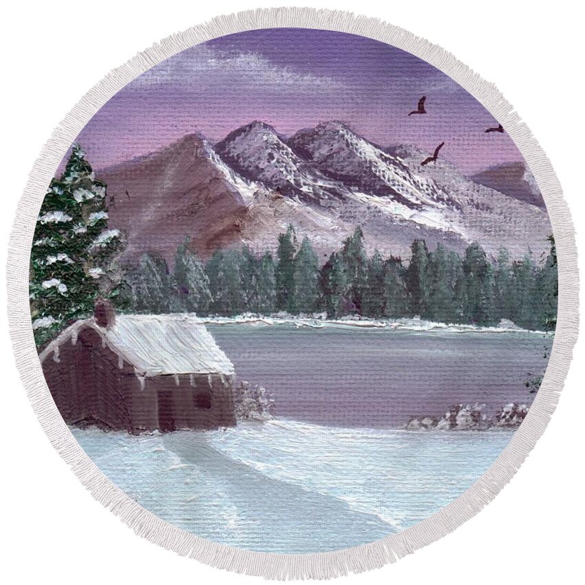 Winter Round Beach Towel featuring the painting Winter in the Mountains by Sheri Keith