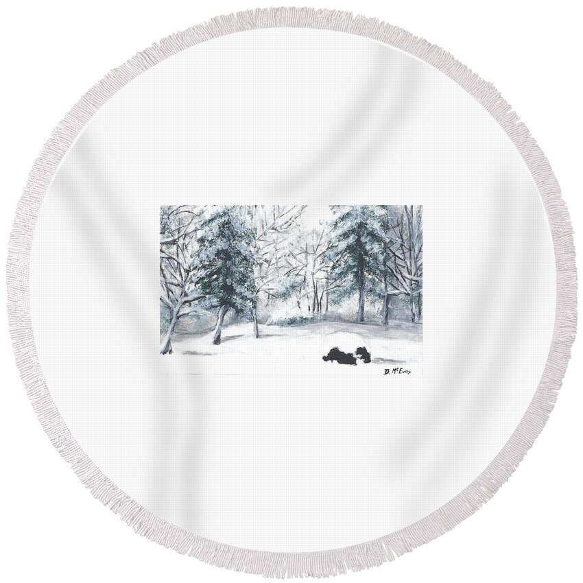 Winter Round Beach Towel featuring the painting Winter in Weatogue by Dani McEvoy