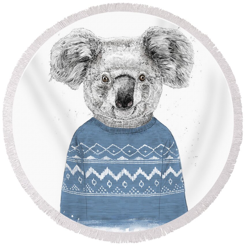 Koala Round Beach Towel featuring the drawing Winter koala by Balazs Solti