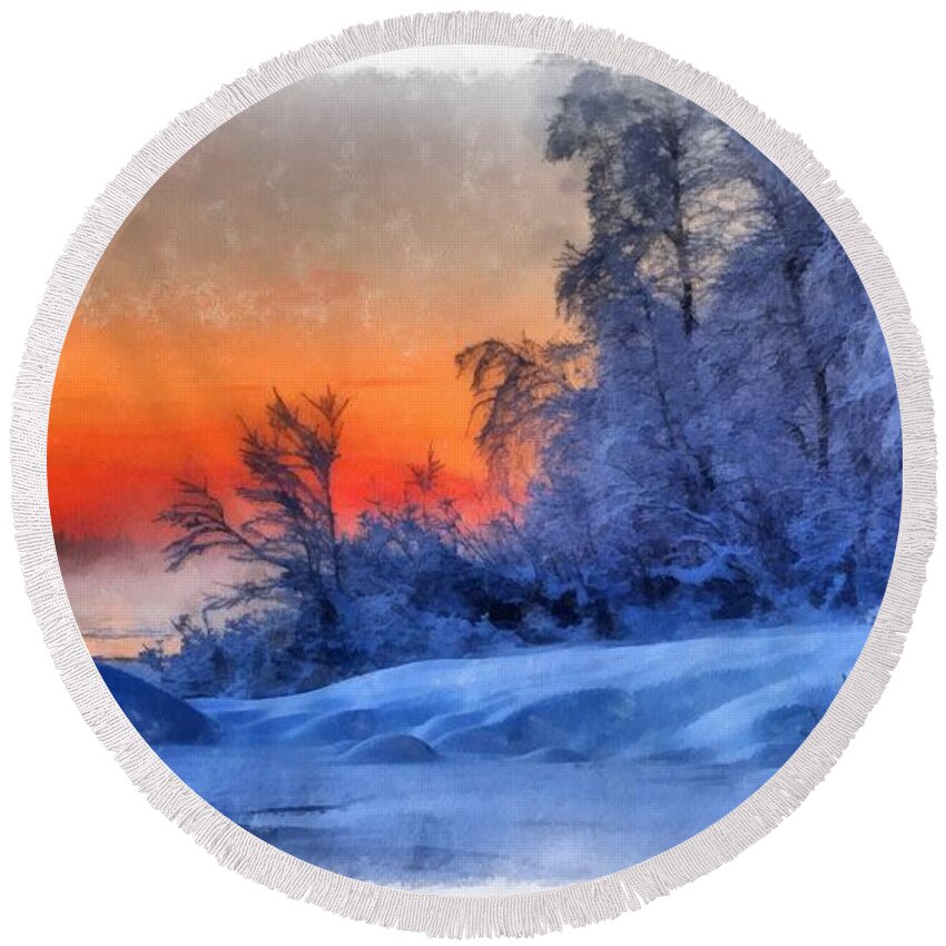 Winter Round Beach Towel featuring the painting Winter by Maciek Froncisz